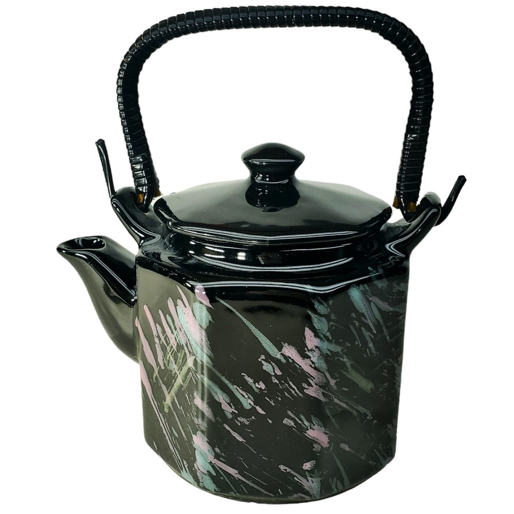 Vintage Black Ceramic Teapot Purple Teal Spatter Design With Rattan Handle